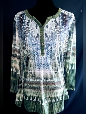 Christopher & Banks Green Multicolor Patterned Button-Front Henley Sz P/XL